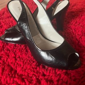 Franco Sarto black leather open toe heels